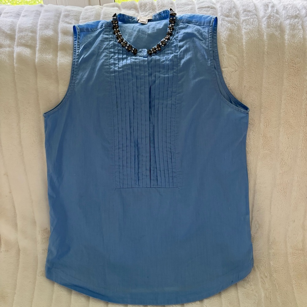 J. Crew Blue Sleeveless Blouse with Pleated Bib Collar
